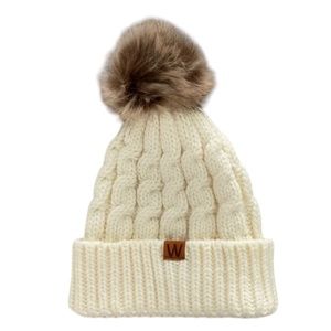 WRAPABLES Kid’s Cable Knit Hat With Pom Pom Cream & Brown NWOT